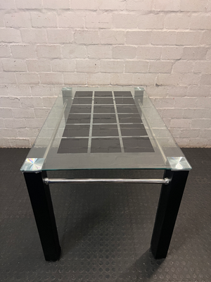 Glass Dining Table with Dark Inlay and Chrome Accents