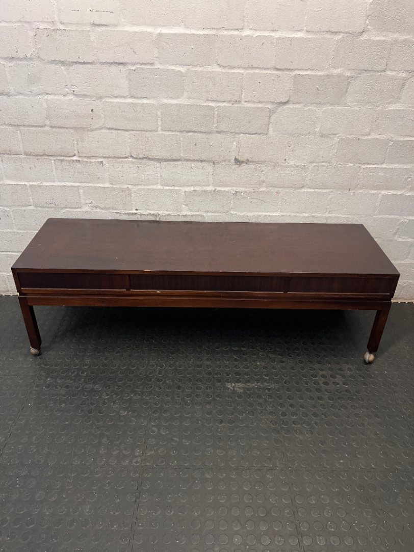 Long Wood Serving Trolley with Drawers and Wheels — Fair Condition with Surface Scratches