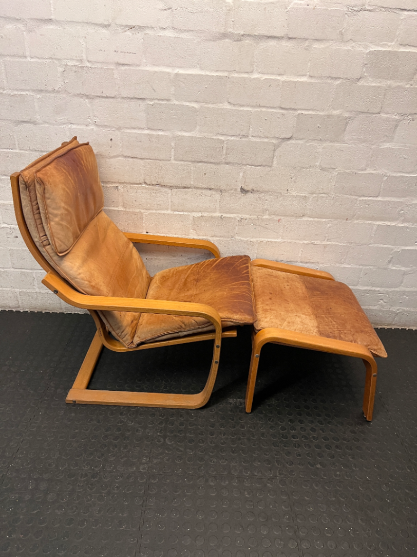 Tan Bentwood Lounge Chair and Footstool — Well Used with Significant Surface Wear