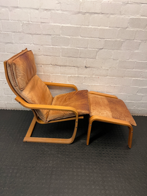 Tan Bentwood Lounge Chair and Footstool — Well Used with Significant Surface Wear