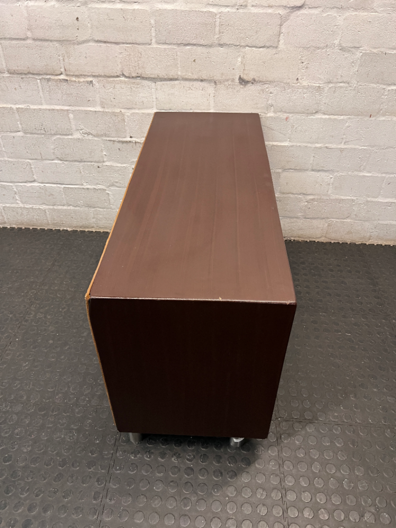 Compact Brown Wood TV Unit with Glass Door and Drawer — Good Working Order