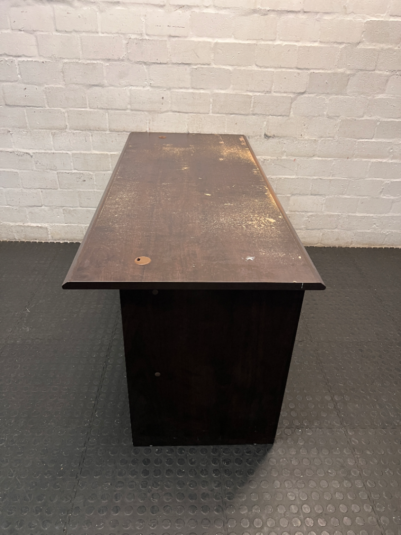 Dark Wood-Look Office Desk with 3 Drawers — Damaged Wood Surface