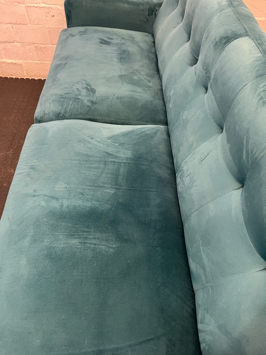 3 Seater Teal Blue Tufted Couch with Wooden Legs — Very Good Condition