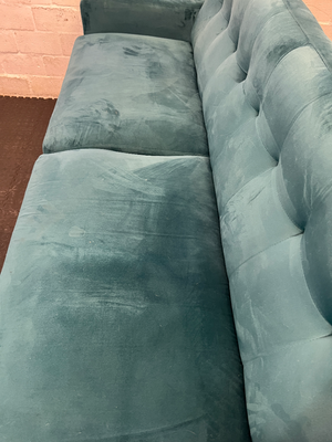 3 Seater Teal Blue Tufted Couch with Wooden Legs — Very Good Condition