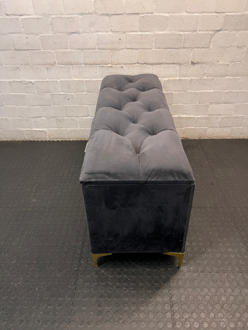 Tufted Grey Velvet Storage Ottoman with Gold Feet