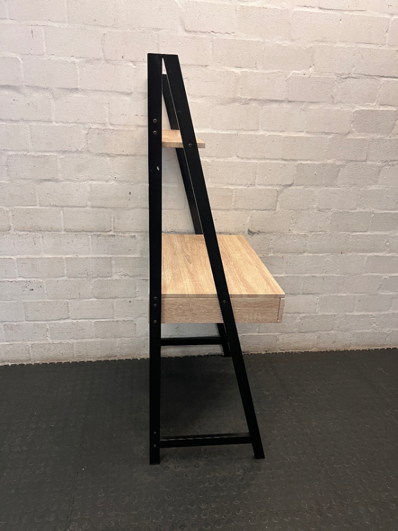 Oak Finish Ladder Desk with Metal Frame and Shelf — Slight Wear on Top Shelf Underside