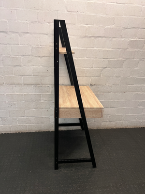 Oak Finish Ladder Desk with Metal Frame and Shelf — Slight Wear on Top Shelf Underside