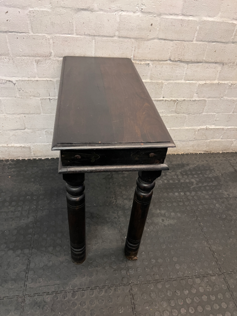 Dark Wood 2-Drawer Console Table with Turned Legs — Good Condition
