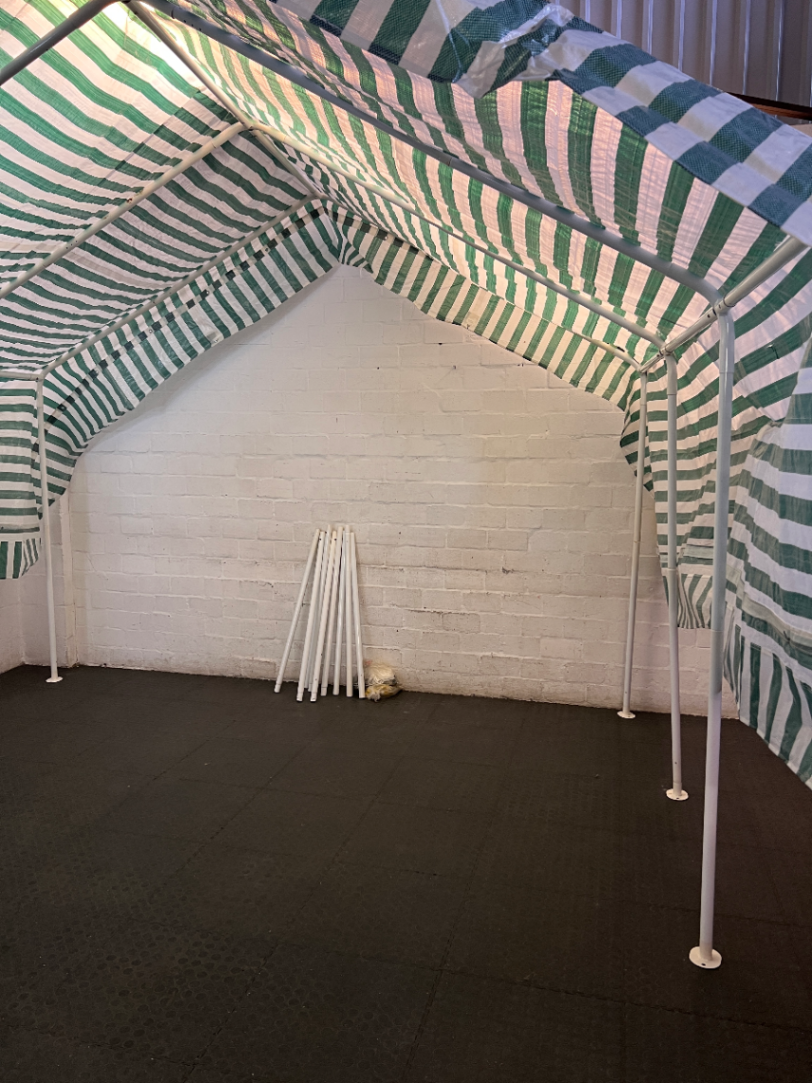 Striped Green and White Portable Canopy Carport — Fair General Condition