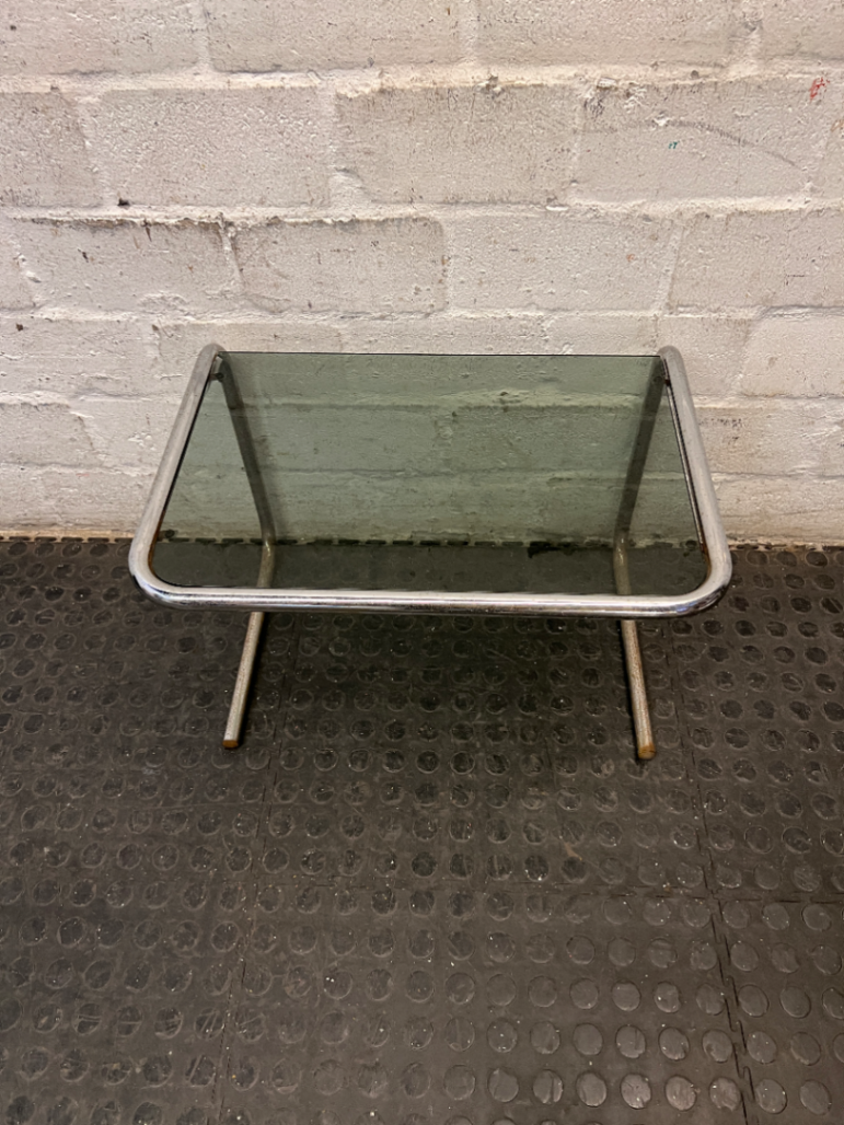 Glass Top Cantilever Side Table with Silver Frame — Well Used with Visible Wear