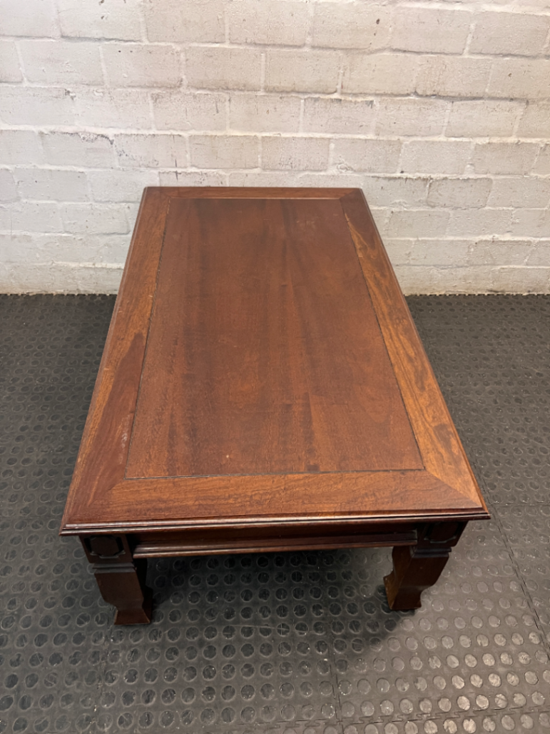 Classic Rectangular Wooden Coffee Table with Carved Legs — Fair Used Condition with Surface Wear