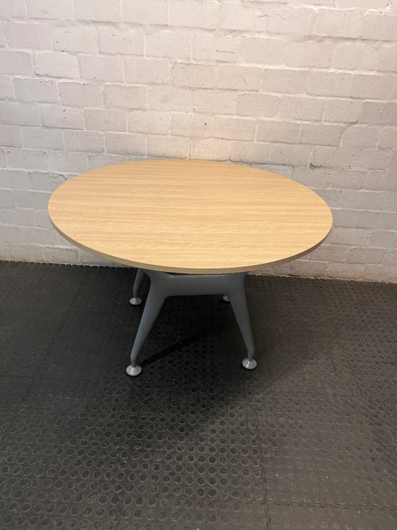 Round Oak-Toned Table with Modern Metal Base — Clean and Well-Maintained Condition