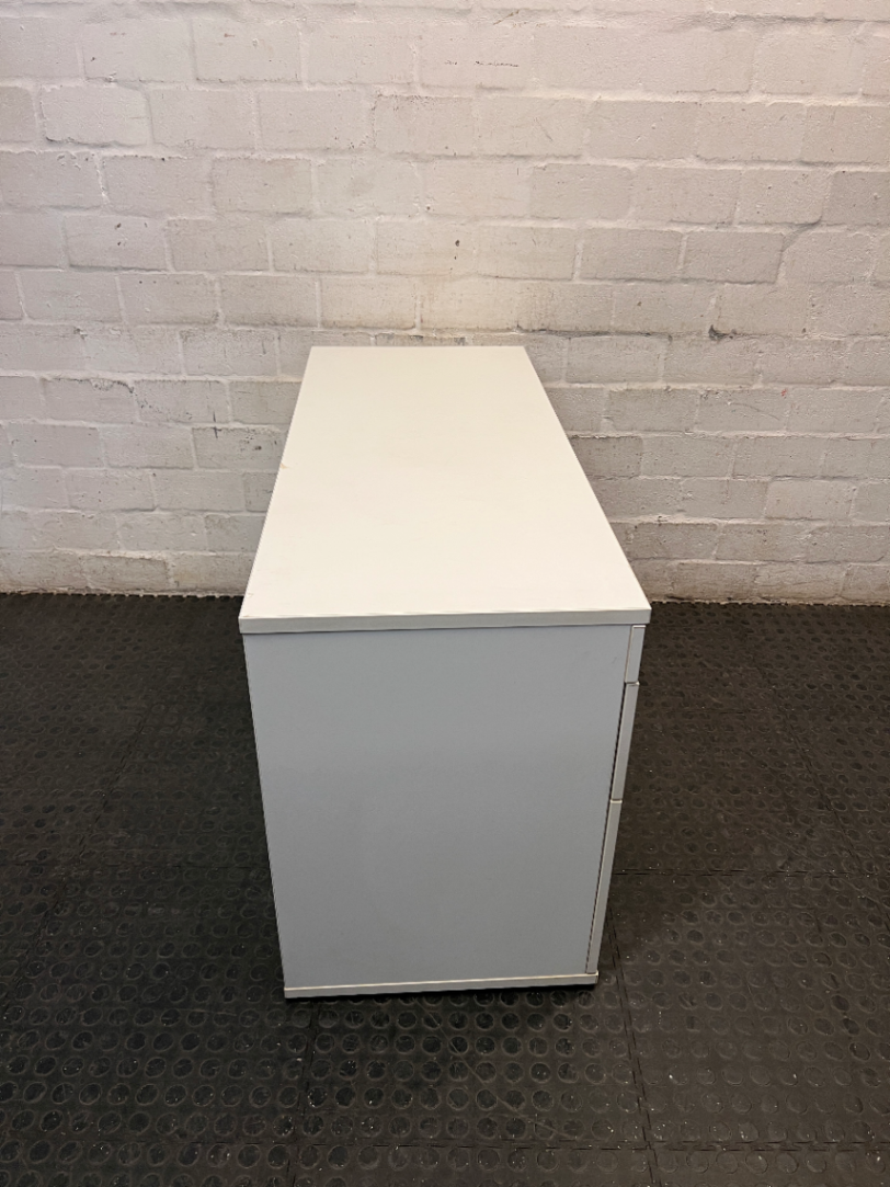 White and Silver Office Credenza with Roller Door — Good Working Order