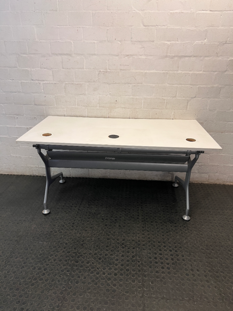 Modern White Office Desk with Grey Metal Base — Good Working Order