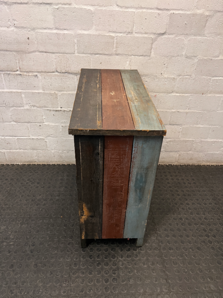 Rustic Multi-Coloured Wooden Sideboard Cabinet — Worn Vintage Finish with Visible Chips