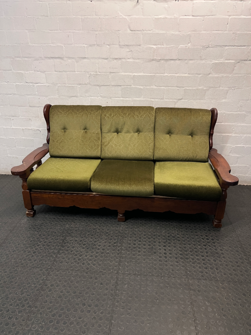 Vintage Wooden 3 Seater Couch in Olive Green