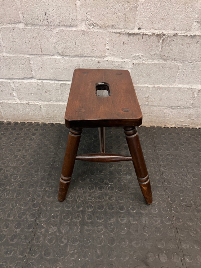 Dark Wood Low Stool with Carry Handle — Minor Surface Wear and Leg Scuffing