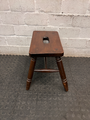 Dark Wood Low Stool with Carry Handle — Minor Surface Wear and Leg Scuffing