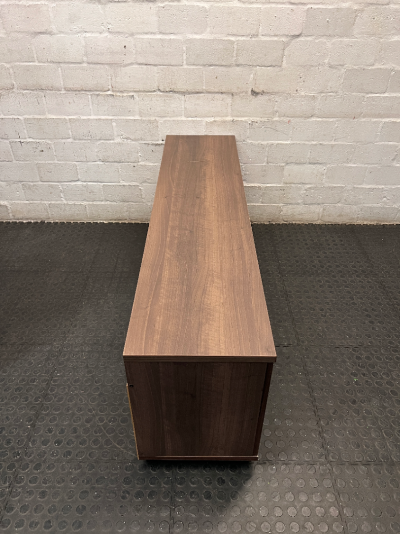 Dark Wood-Look TV Unit with Two Side Cupboards — Fair Condition with Visible Wear