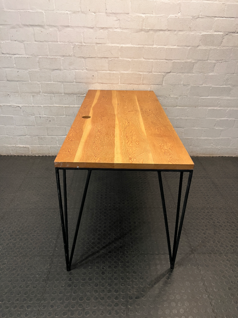 Rustic Wooden Office Desk with Black Hairpin Legs — Used; Fair Condition