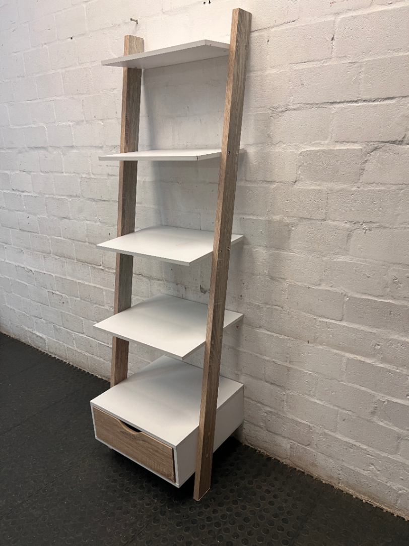 White and Light Wood Ladder Bookshelf with Drawer — General Wear and Maintenance