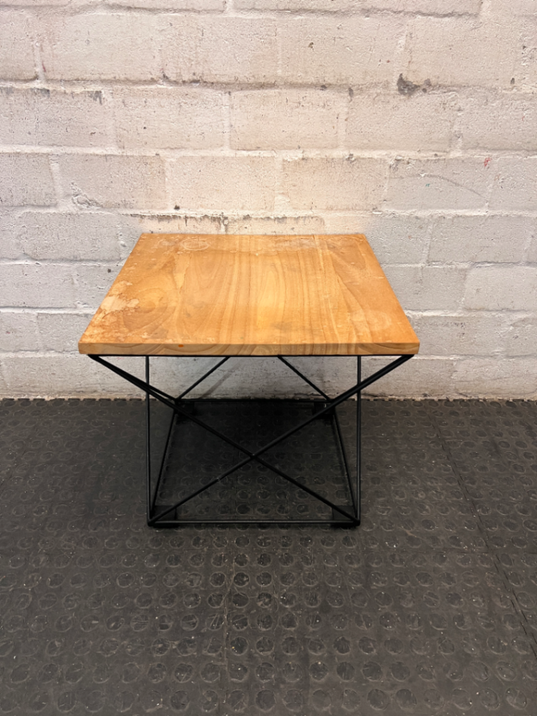 Industrial Style Square Side Table with Geometric Metal Base — Used; Fair Condition