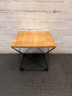 Industrial Style Square Side Table with Geometric Metal Base — Used; Fair Condition
