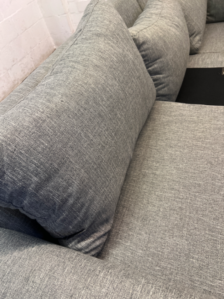 Grey Textured Fabric L-Shape Couch with Chaise — Missing Seat Cushion
