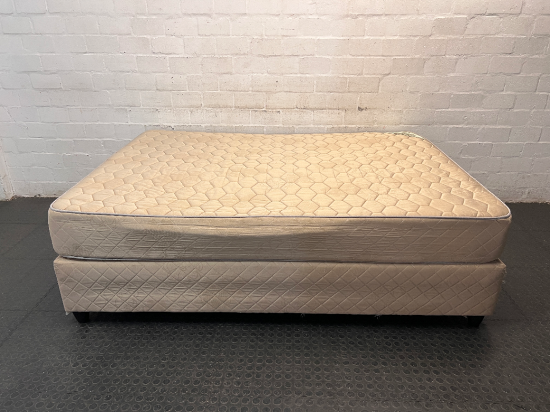 Extra Length Queen Mattress and Base Set in Beige — Fair Condition with Visible Wear