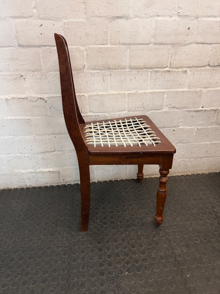 Traditional Brown Wooden Dining Chair with Woven Seat — Overall Good Condition