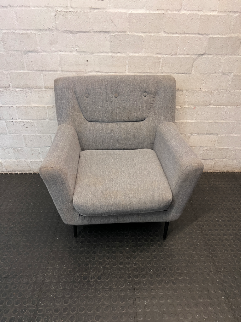 Grey Cotton Upholstered 1 Seater Couch — Missing One Leg and Damaged Support