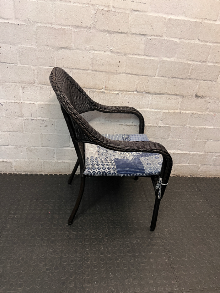 Dark Wicker Armchair with Patterned Cushion - 2ndhandwarehouse.com