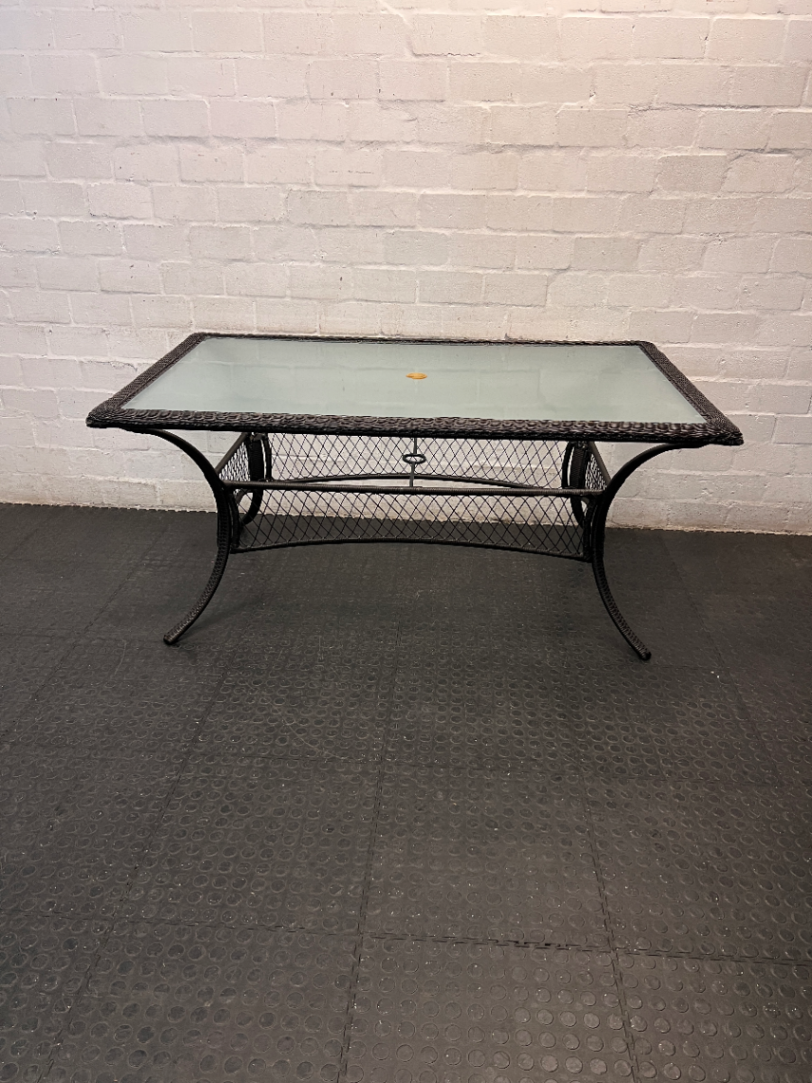 Wicker and Glass Rectangular Dining Table — Very Good Condition