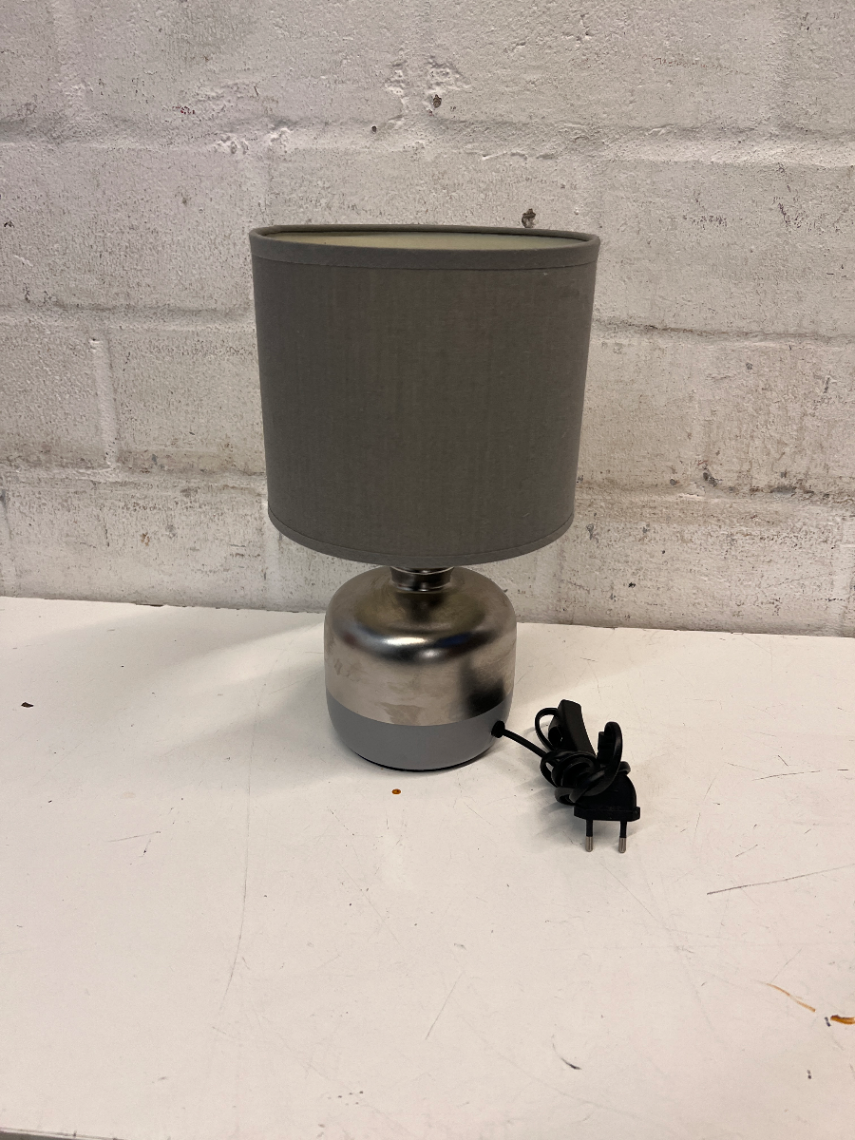 Modern Metallic Table Lamp with Grey Fabric Shade — Good Working Order