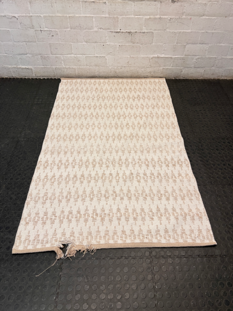 Beige Geometric Woven Area Rug — Well Used Condition