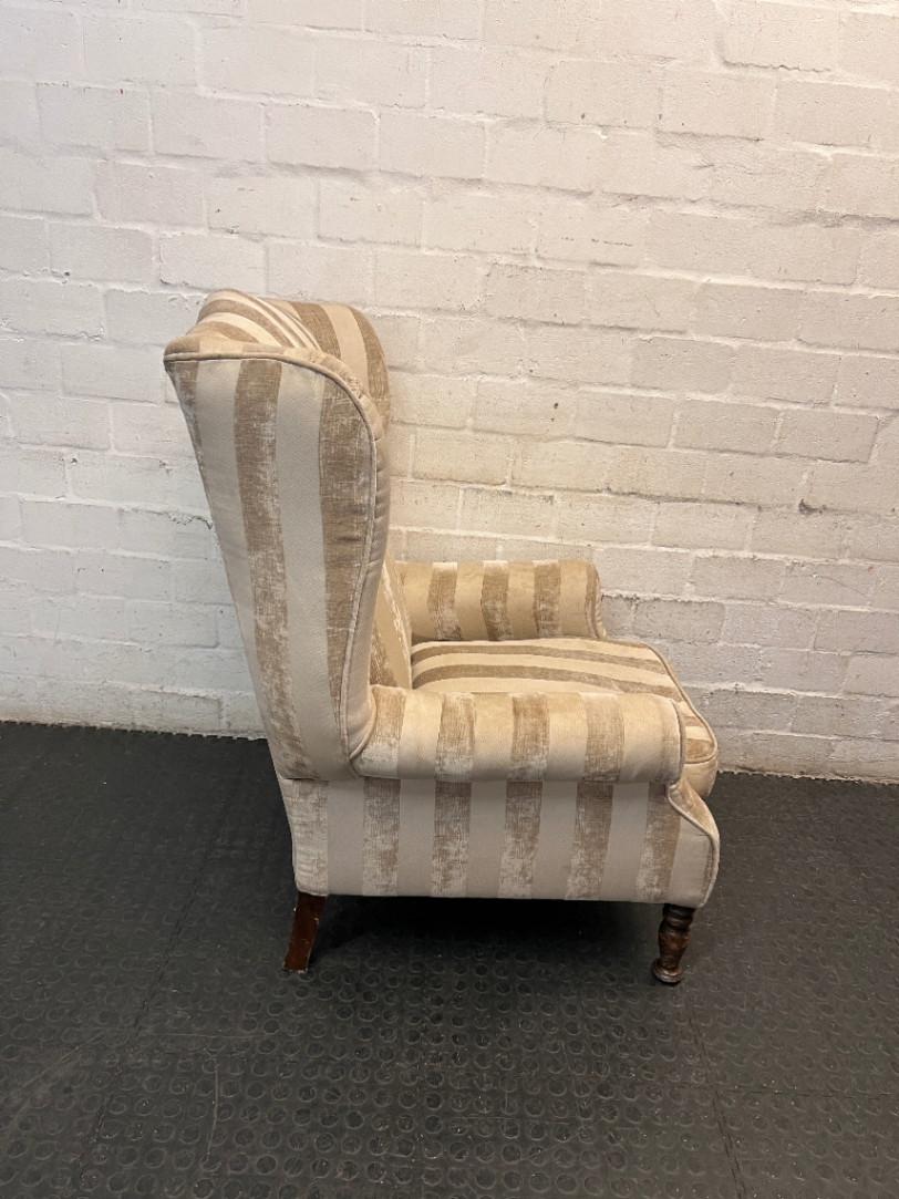 Striped Fabric Beige Wingback Chair — Good Condition