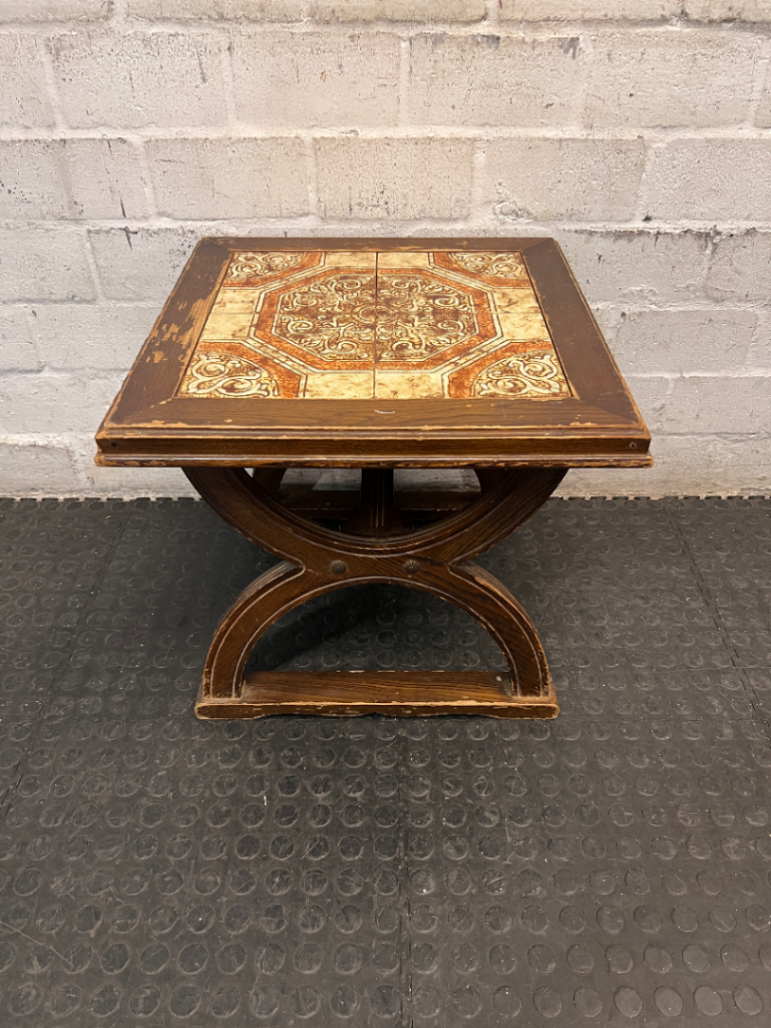 Vintage-Style Tiled Top Wooden Side Table — Significant Surface Wear and Scuffing