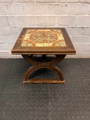 Vintage-Style Tiled Top Wooden Side Table — Significant Surface Wear and Scuffing