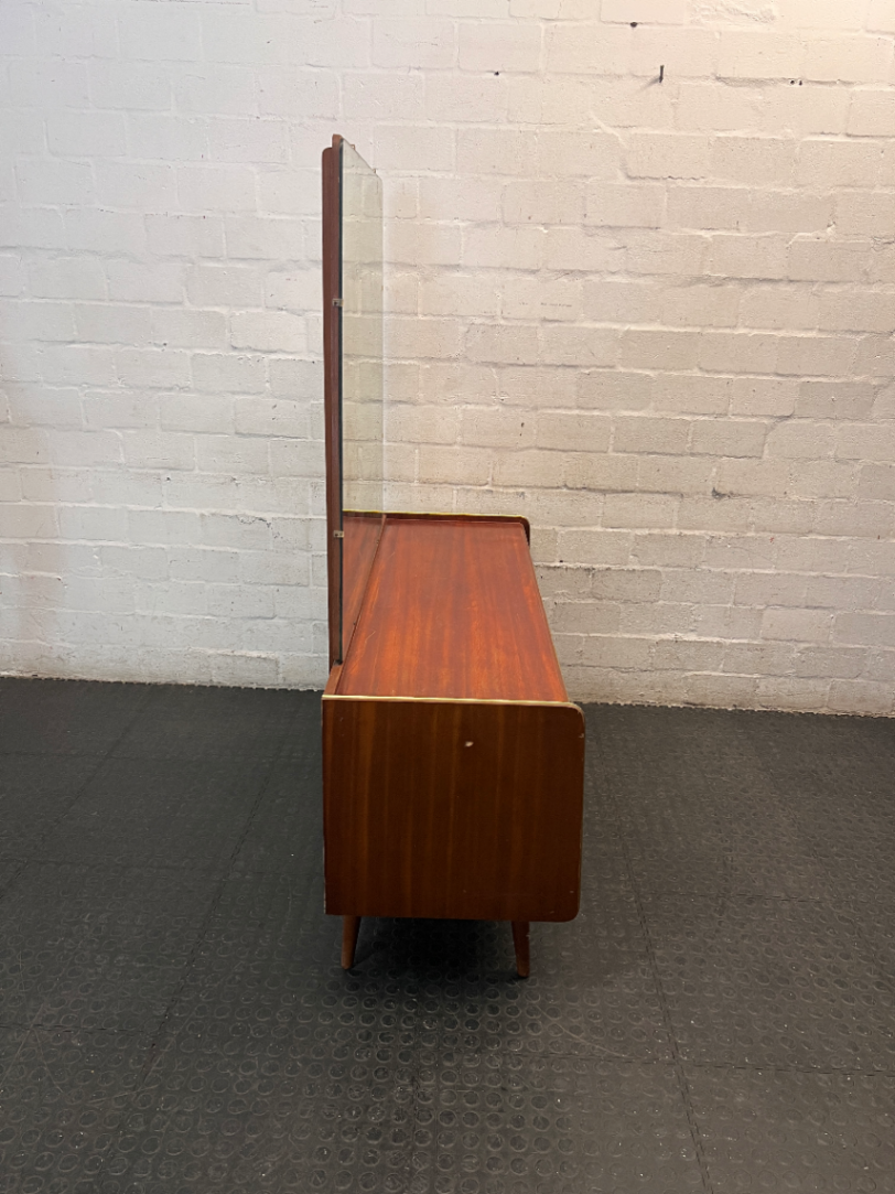 Mid-Century Style Wooden Dressing Table with Large Mirror — Worn Condition Throughout