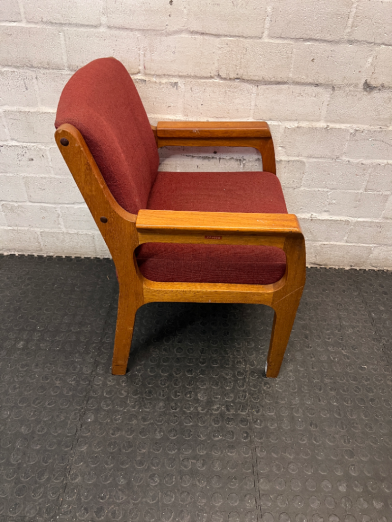 Red Fabric and Wood Office Chair — Well Used with Visible Wear and Scuffs