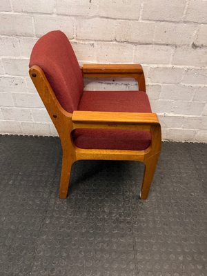 Red Fabric and Wood Office Chair — Well Used with Visible Wear and Scuffs