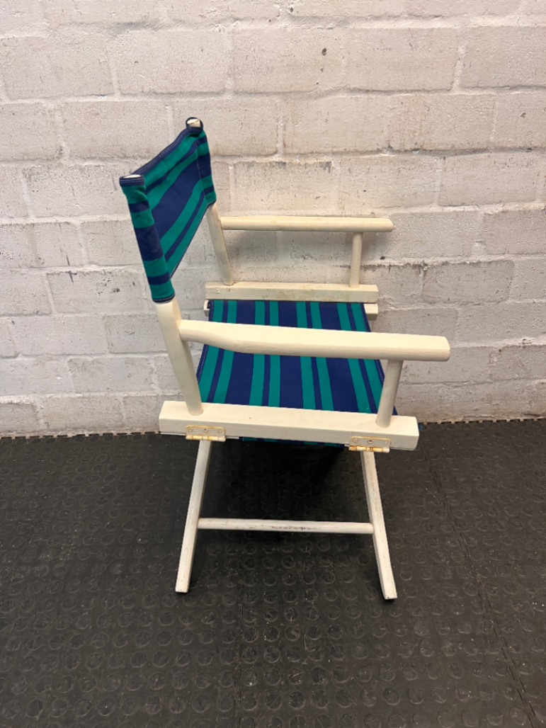 Striped Wooden Folding Director Chair — Worn Condition with Structural Use Wear