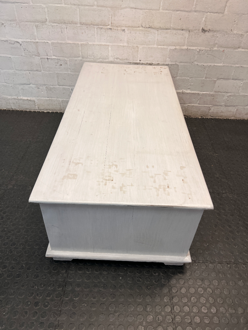 White Wooden Coffee Table with Through-Drawers — Surface Scratches and Missing Handle