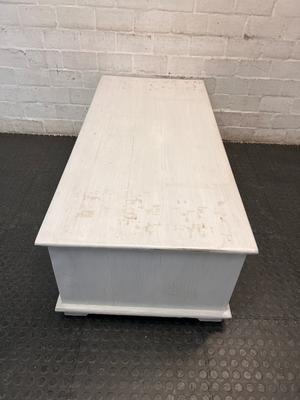 White Wooden Coffee Table with Through-Drawers — Surface Scratches and Missing Handle
