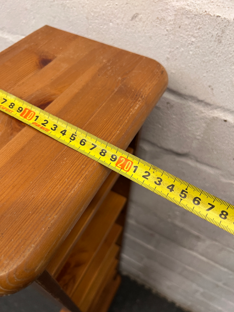 Tall Slim Pine-Finish Wooden Shelving Unit — Well Used Condition