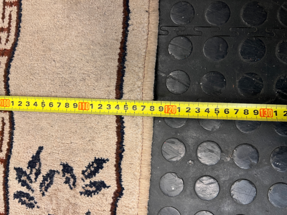 Floral Bordered Area Rug with Greek Key Detail — Well Used with Visible Fading