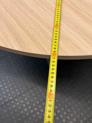Round Oak-Toned Table with Modern Metal Base — Clean and Well-Maintained Condition