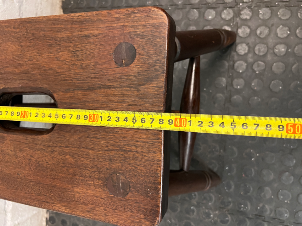Dark Wood Low Stool with Carry Handle — Minor Surface Wear and Leg Scuffing