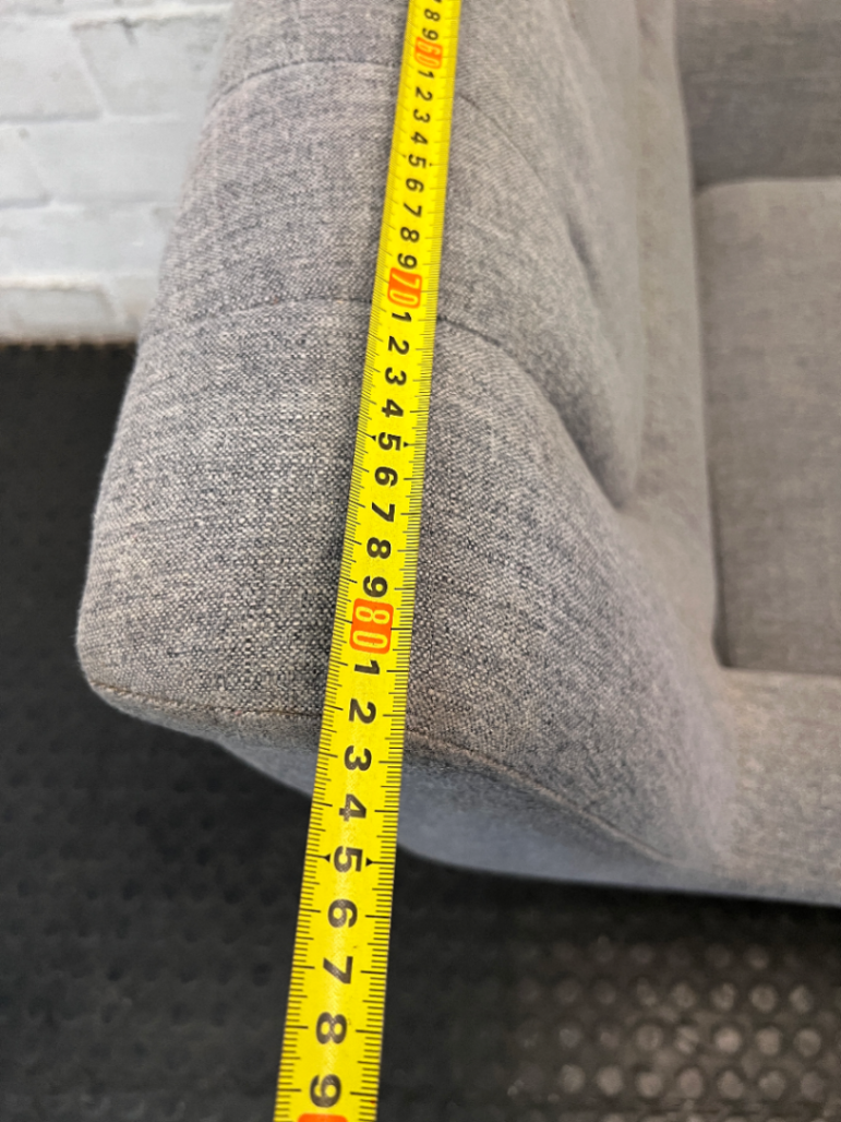 Grey Cotton Upholstered 1 Seater Couch — Missing One Leg and Damaged Support