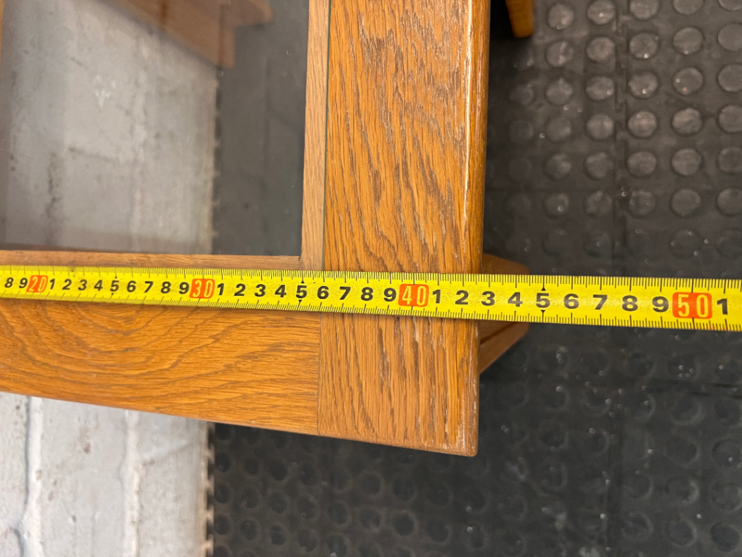Oak-Toned Side Table with Inset Glass Top — Very Good Condition